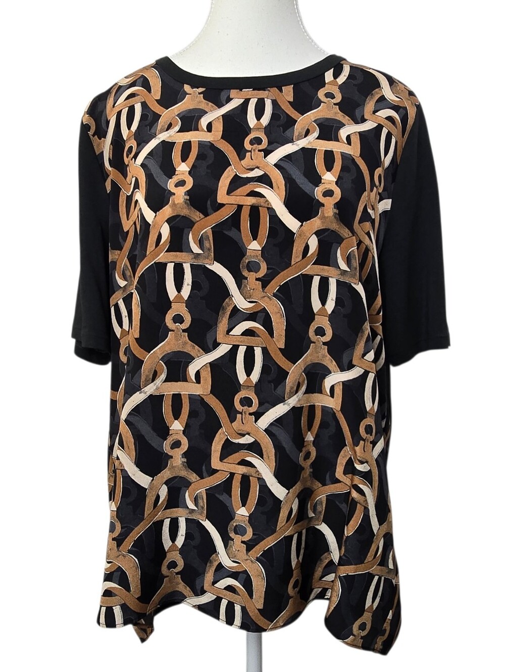 Luisa Cerano Black Tan Equestrian Belt Print Silk Blouse Short Sleeve, Sz 12